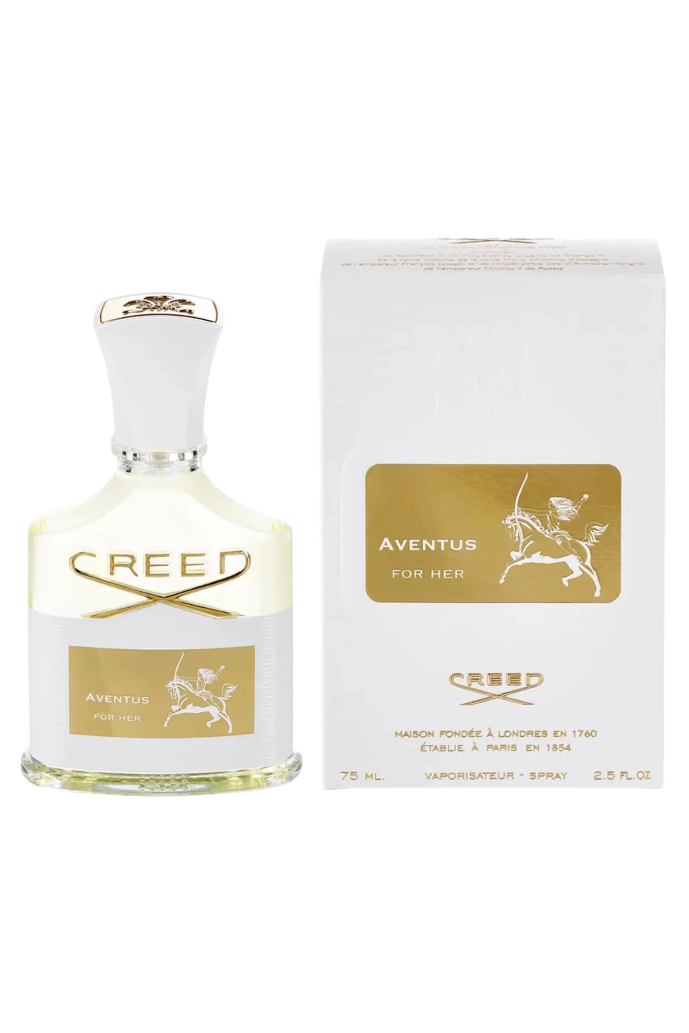 Creed Aventus for Her perfume bottle and packaging on a white background
