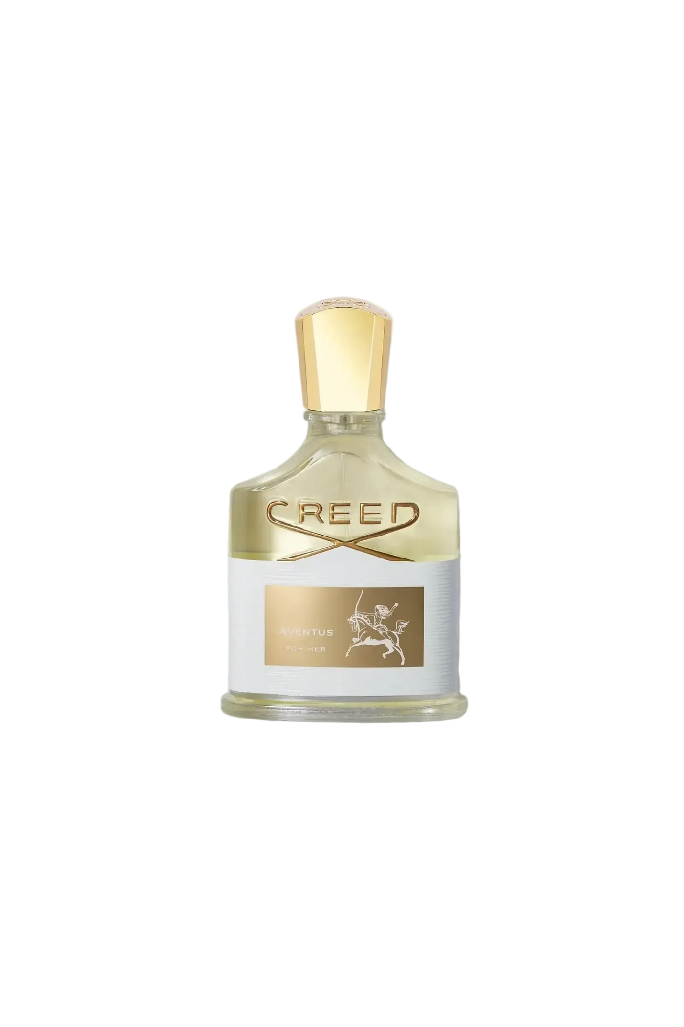 Creed perfume bottle with gold cap on a light gray background