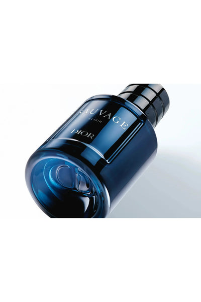 Blue Dior Sauvage Elixir perfume bottle on a white background