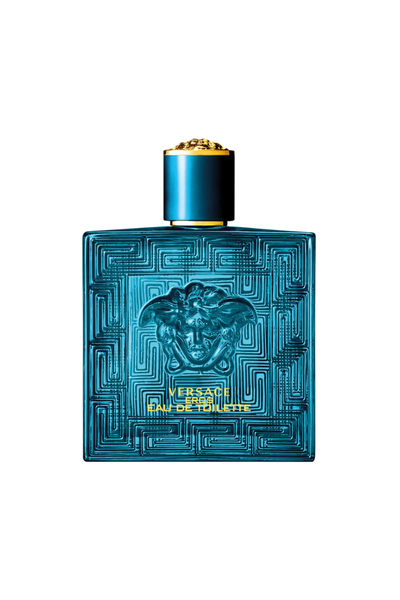 Blue Versace men's perfume bottle on a white background